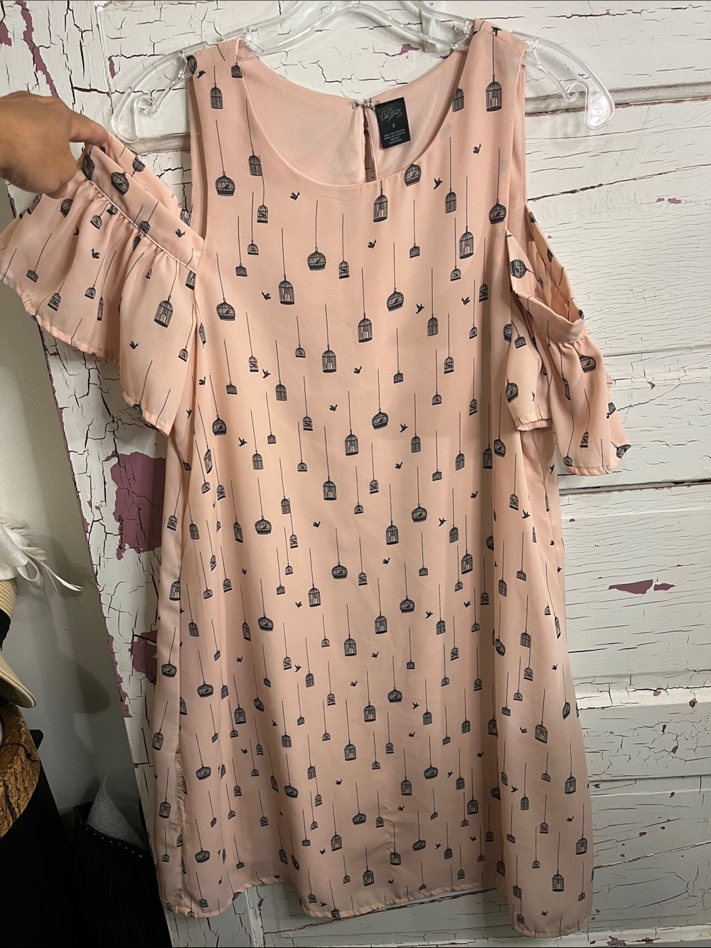 City Streets Cold Shoulder Dress Blush Bird Cage Print 6 Polyester Keyhole Back